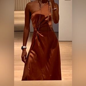 Satin One-Shoulder Twist Midi Dress — Copper Brown